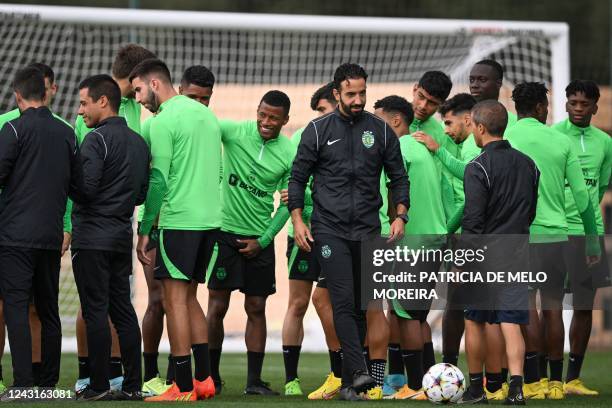 Sporting Lisbon's Portuguese coach Ruben Amorim and his players attend a training session at the Cristiano Ronaldo Academy training ground in...