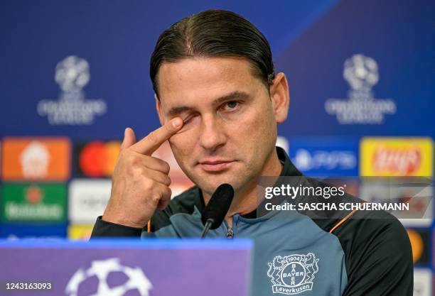 Leverkusen's Swiss head coach Gerardo Seoane reacts during a press conference on the eve of the UEFA Champions League football match between Bayer 04...