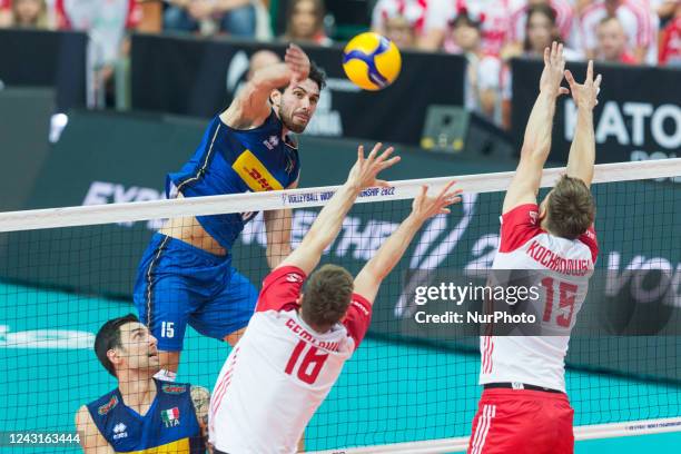 Daniele Lavia ,Kamil Semeniuk ,Jakub Kochanowski during the FIVB Men's World Championship match between Poland v Italy, in Katowice, Poland, on...