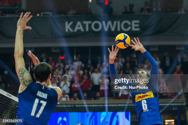 Simone Anzani ,Simone Giannelli during the FIVB Men's World Championship match between Poland v Italy, in Katowice, Poland, on September 11, 2022.