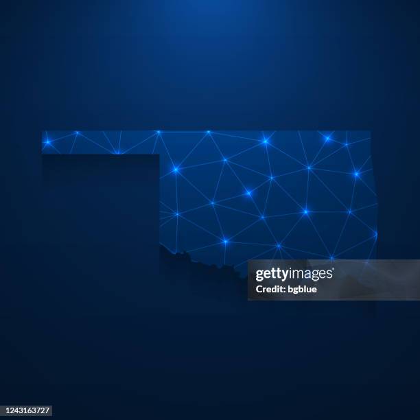 oklahoma map network - bright mesh on dark blue background - oklahoma county map stock illustrations