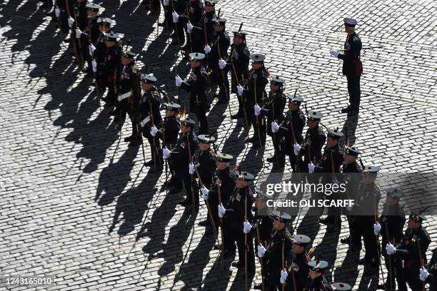 The Royal Company of Archers, The King's Bodyguard for Scotland, stand on guard outside St Giles' Cathedral, in Edinburgh, on September 12 ahead of a...