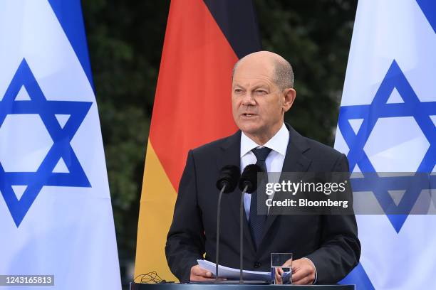 Olaf Scholz, Germany's chancellor, during a news conference with Israel's Prime Minister Yair Lapid at the Chancellery in Berlin, Germany, on Monday,...