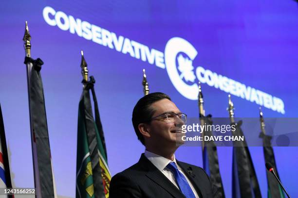 Canadian Conservative Party leader Pierre Poilievre smiles during the National Conservative caucus meeting in Ottawa, Canada on September 12, 2022....
