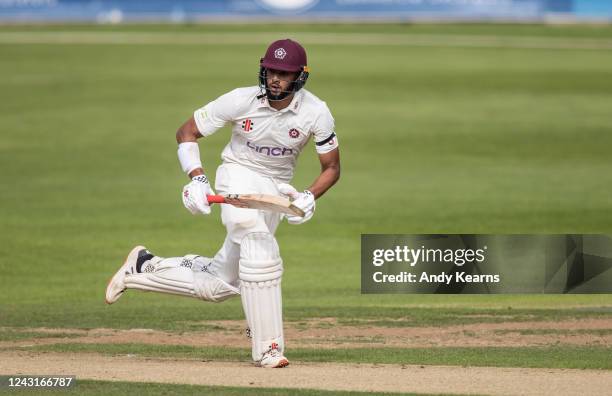 Emilio Gay of Northamptonshire takes a run during the LV= Insurance County Championship match between Northamptonshire and Surrey at The County...