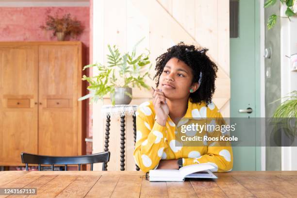 young woman working home - thinking student bildbanksfoton och bilder