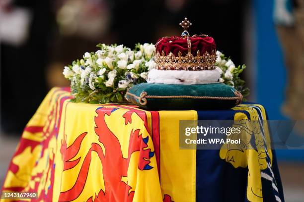 The Crown of Scotland sits atop the coffin of Queen Elizabeth II during a Service of Prayer and Reflection for her life at St Giles' Cathedral on...