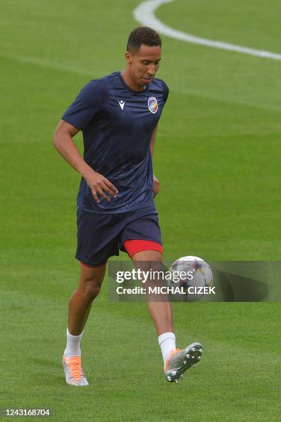 Viktoria Plzen's Colombian midfielder Jhon Mosquera plays the ball during a training session in Plzen on September 12 on the eve of the UEFA...