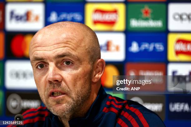 Ajax coach Alfred Schreuder during the press conference ahead of the Champions League match against Liverpool FC at Anfield on September 12, 2022 in...