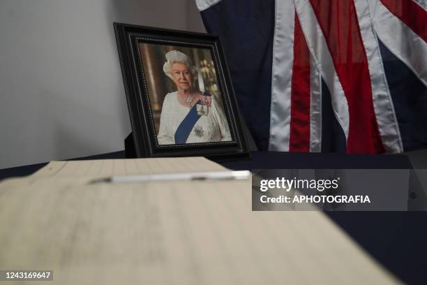 Condolences book set for Salvadorans to sign at the British Embassy in El Salvador on September 12, 2022 in San Salvador, El Salvador. Queen...