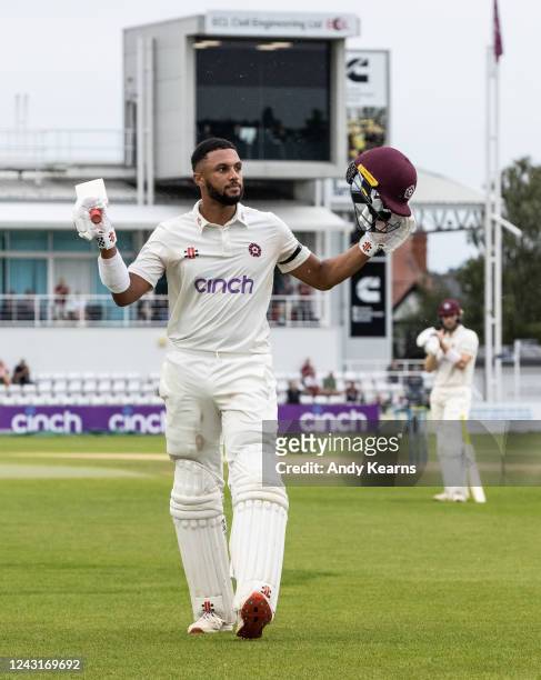 Emilio Gay of Northamptonshire pictured at the end of his innings of 145 runs during the LV= Insurance County Championship match between...
