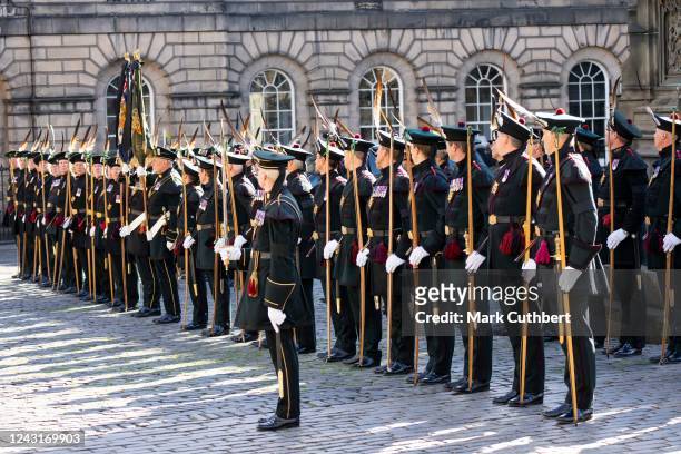 The Royal Company of Archers at St Giles Cathedral on September 12, 2022 in Edinburgh, Scotland. King Charles III joins the procession accompanying...