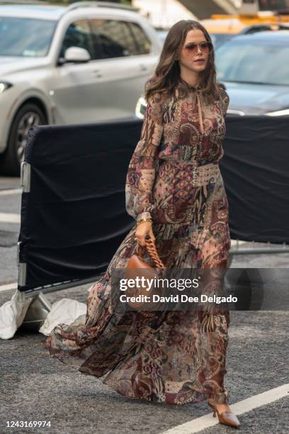 Valeria Lipovetsky is seen wearing an outfit by Veronica Beard during New York Fashion Week at Spring Studios on September 12, 2022 in New York City.