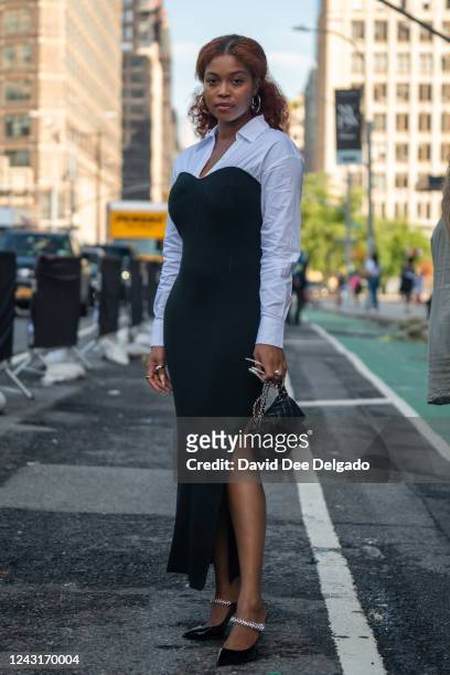 Nyja Richardson is seen wearing an outfit by Staud and shoes by Jimmy Choo during New York Fashion Week at Spring Studios on September 12, 2022 in...
