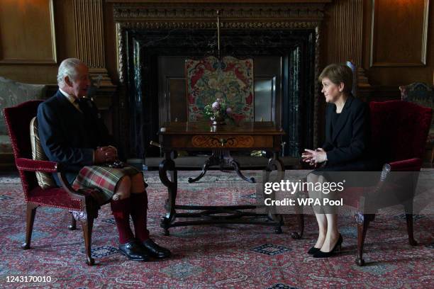 King Charles III during an audience with the First Minister of Scotland Nicola Sturgeon at The Palace Of Holyroodhouse on September 12, 2022 in...