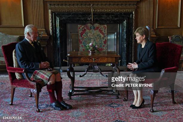 Britain's King Charles III has an audience with Scotland's First Minister Nicola Sturgeon at the Palace of Holyroodhouse, Edinburgh on September 12,...