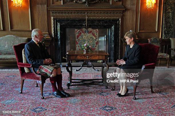 King Charles III during an audience with the First Minister of Scotland Nicola Sturgeon at the Palace of Holyroodhouse on September 12, 2022 in...