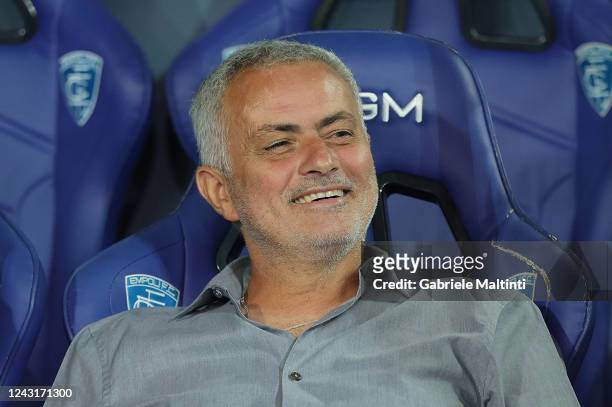 José Mourinho manager of AS Roma looks on during the Serie A match between Empoli FC and AS Roma at Stadio Carlo Castellani on September 12, 2022 in...