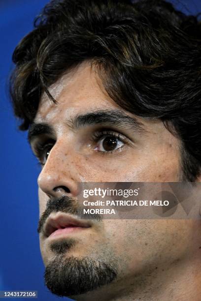 Sporting's Portuguese forward Francisco Trincao attends a press conference at Alvalade stadium in Lisbon, on September 12 on the eve of their...