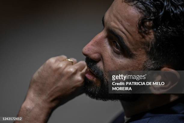 Sporting's head coach Ruben Amorim attends a press conference at Alvalade stadium in Lisbon, on September 12 on the eve of their Champions League,...