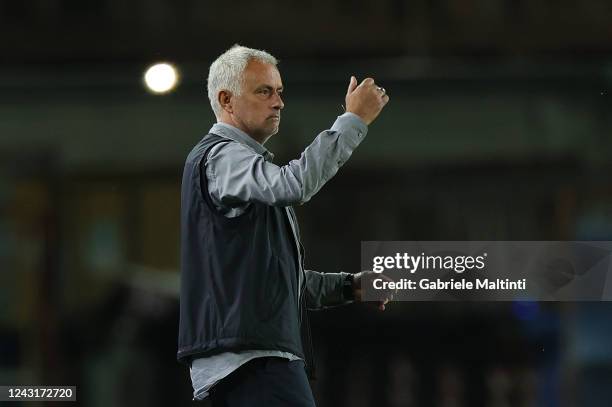 José Mário dos Santos Mourinho Félix manager of AS Roma gestures during the Serie A match between Empoli FC and AS Roma at Stadio Carlo Castellani on...