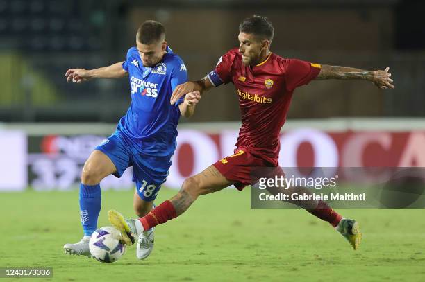 Marin Gabriel Razvan of Empoli FC competes against Sam Lammers of Empoli FC during the Serie A match between Empoli FC and AS Roma at Stadio Carlo...