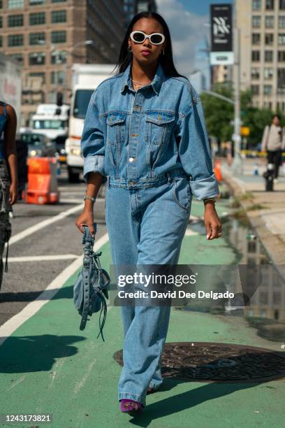 Nuni is seen wearing an outfit by The Frankie Shop & Balenciaga during New York Fashion Week at Spring Studios on September 12, 2022 in New York City.