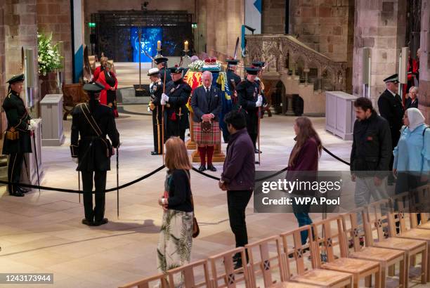 King Charles III, Prince Edward, Duke of Wessex, Princess Anne, Princes Royal and Prince Andrew, Duke of York hold a vigil at St Giles' Cathedral, in...