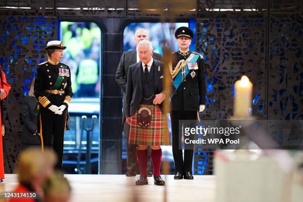 King Charles III, Prince Edward, Duke of Wessex, Princess Anne, Princes Royal and Prince Andrew, Duke of York arrive to hold a vigil at St Giles'...