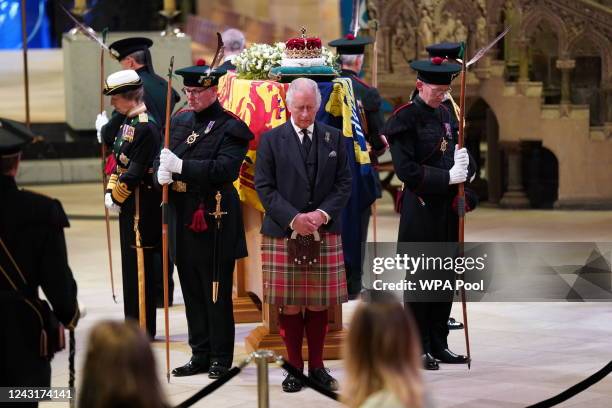 King Charles III, Prince Edward, Duke of Wessex, Princess Anne, Princes Royal and Prince Andrew, Duke of York hold a vigil at St Giles' Cathedral, in...