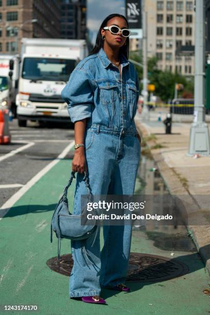 Nuni is seen wearing an outfit by The Frankie Shop & Balenciaga during New York Fashion Week at Spring Studios on September 12, 2022 in New York City.