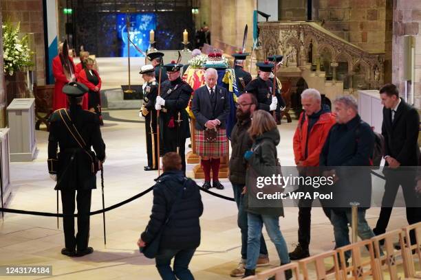 King Charles III, Prince Edward, Duke of Wessex, Princess Anne, Princes Royal and Prince Andrew, Duke of York hold a vigil at St Giles' Cathedral, in...