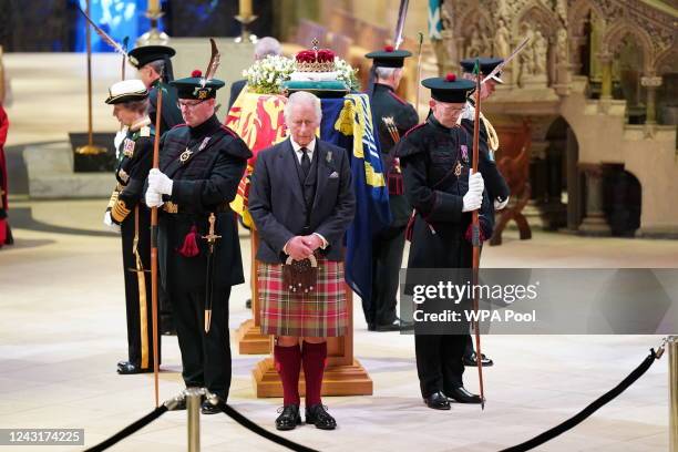 King Charles III, Prince Edward, Duke of Wessex, Princess Anne, Princes Royal and Prince Andrew, Duke of York hold a vigil at St Giles' Cathedral, in...