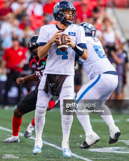 Toronto Argonauts quarterback McLeod Bethel-Thompson prepares to throw a pass during Canadian Football League action between the Toronto Argonauts...