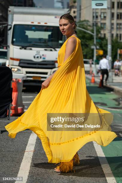 Kate Smoliainova is seen wearing a dress by Ungaro during New York Fashion Week at Spring Studios on September 12, 2022 in New York City.