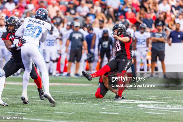 Ottawa Redblacks kicker Lewis Ward attempts a field goal during Canadian Football League action between the Toronto Argonauts and Ottawa Redblacks on...