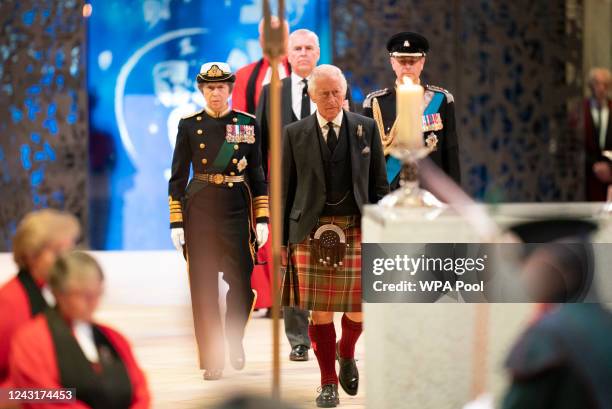 King Charles III, Prince Edward, Duke of Wessex, Princess Anne, Princes Royal and Prince Andrew, Duke of York arrive to hold a vigil at St Giles'...