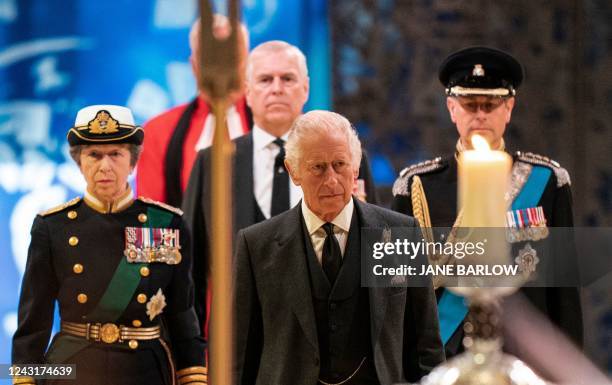 Britain's King Charles III , Britain's Princess Anne, Princess Royal , Britain's Prince Andrew, Duke of York and Britain's Prince Edward, Earl of...