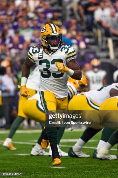 Green Bay Packers running back Aaron Jones goes in motion during an NFL game between the Minnesota Vikings and Green Bay Packers on September 11,...