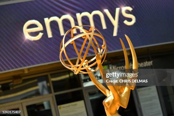 An Emmy statue is seen on the red carpet ahead of the 74th Emmy Awards at the Microsoft Theater in Los Angeles, California, on September 12, 2022.
