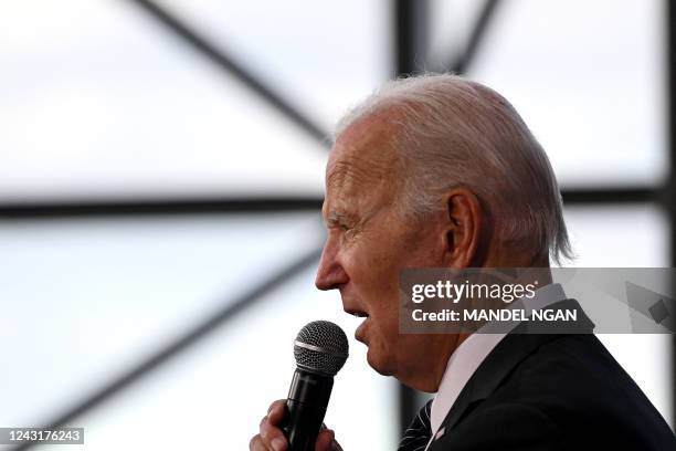 President Joe Biden delivers remarks at the John F. Kennedy Library and Museum in Boston, Massachussetts, on September 12, 2022. - Biden is speaking...