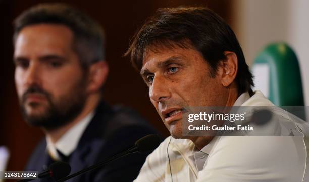 Manager Antonio Conte of Tottenham Hotspur FC during a press conference ahead of tomorrow’s UEFA Champions League match against Sporting CP at...