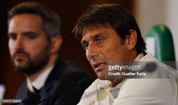 Manager Antonio Conte of Tottenham Hotspur FC during a press conference ahead of tomorrow’s UEFA Champions League match against Sporting CP at...