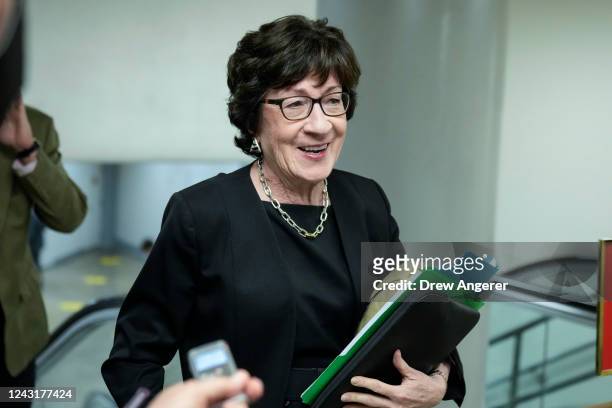 Sen. Susan Collins speaks to a reporter in the Senate Subway on her way to a vote at the U.S. Capitol September 12, 2022 in Washington, DC. As...