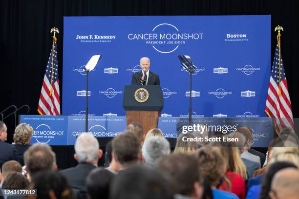 President Joe Biden delivers remarks at the John F. Kennedy Library and Museum on his Cancer Moonshot Initiative on September 12, 2022 in Boston,...