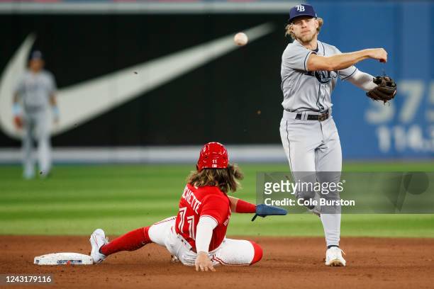 Taylor Walls of the Tampa Bay Rays turns a double play over Bo Bichette of the Toronto Blue Jays in the fourth inning at Rogers Centre on September...