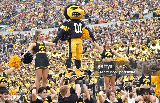 The Iowa mascot, Herky, joins the Iowa cheerleaders during a college football game between the Iowa State Cyclones and the Iowa Hawkeyes, September...