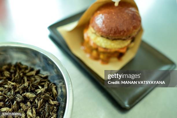 This photo taken on August 30 shows a plate of "Cricket-burger" and crickets at a restaurant in Bangkok. - There's no crunch or crackle, but crickets...