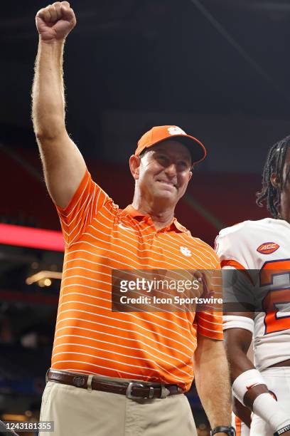 Clemson Tigers head coach Dabo Swinney reacts following a win in the Chick-Fil-A Kickoff Game against the Georgia Tech Yellow Jackets on September 5,...