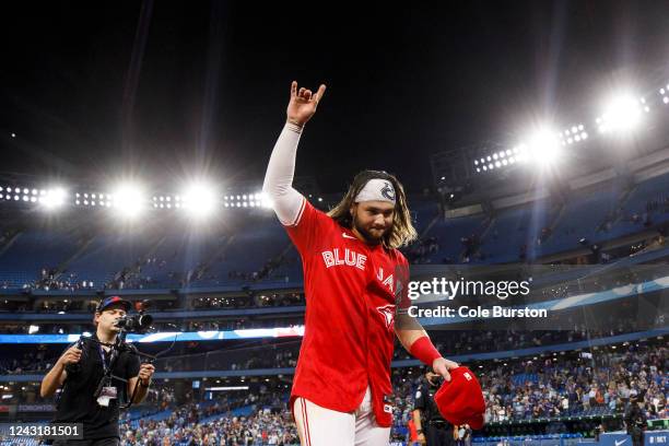 Bo Bichette of the Toronto Blue Jays walks off the field following his post-game interview of a 3-2 victory over the Tampa Bay Rays at Rogers Centre...